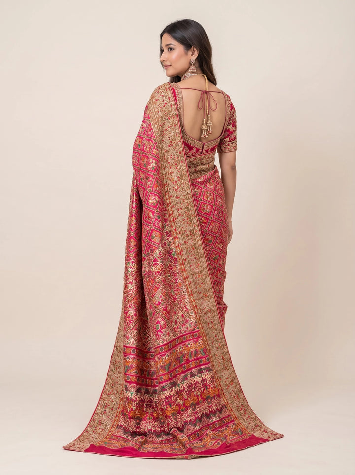 Royal Red & Pink Geometric Embroidered Designer Saree - Back