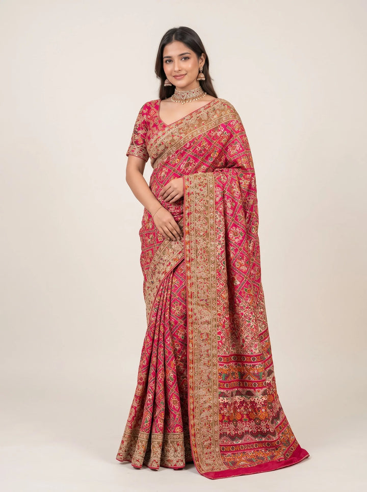 Royal Red & Pink Geometric Embroidered Designer Saree - Front