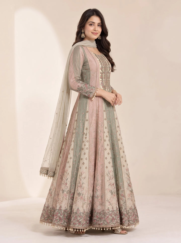 Royal Sage Green & Blush Pink Embroidered Anarkali Gown - View 3