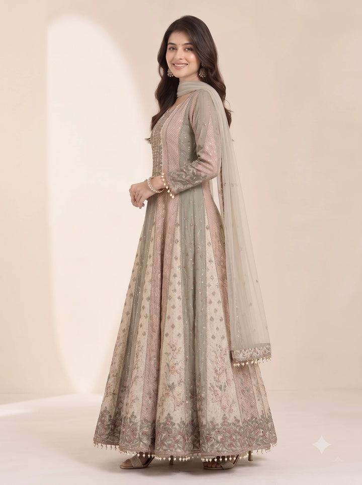 Royal Sage Green & Blush Pink Embroidered Anarkali Gown - View 4