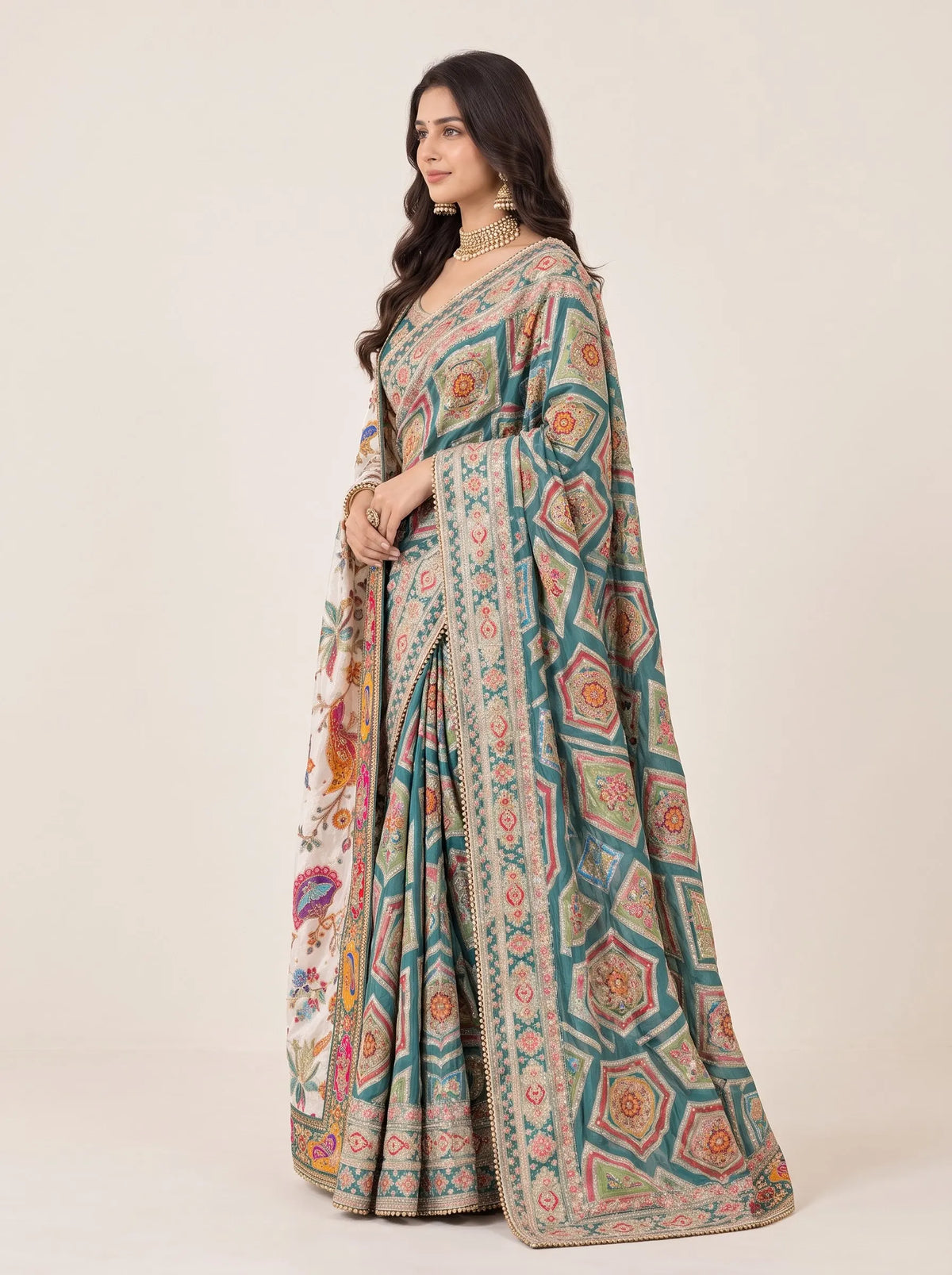 Royal Teal Green & Ivory Multicolor Embroidered Designer Saree