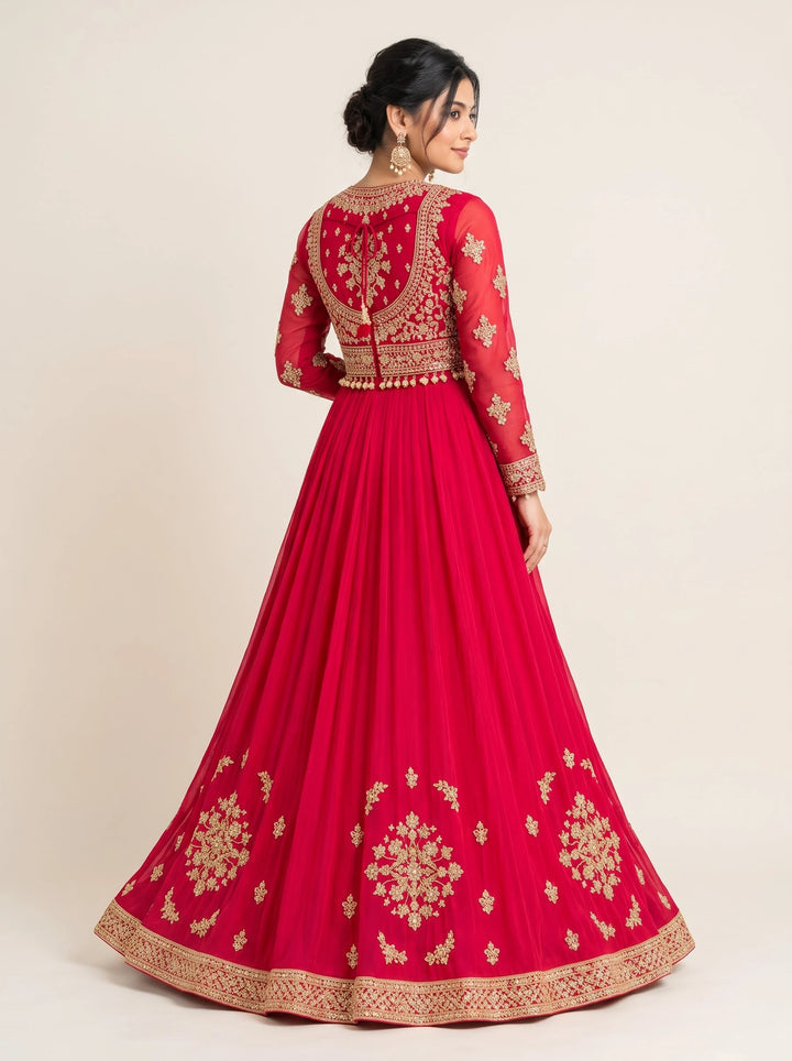 Ruby Magenta Embroidered Anarkali Gown with Ornate Gold Border - Back