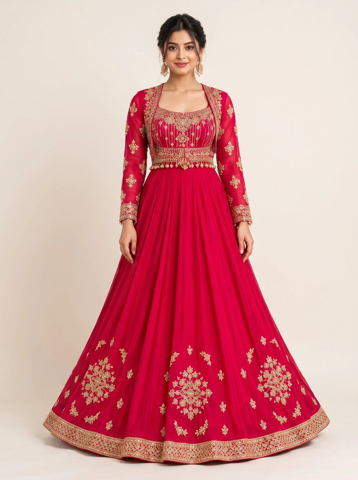 Ruby Magenta Embroidered Anarkali Gown with Ornate Gold Border - Front