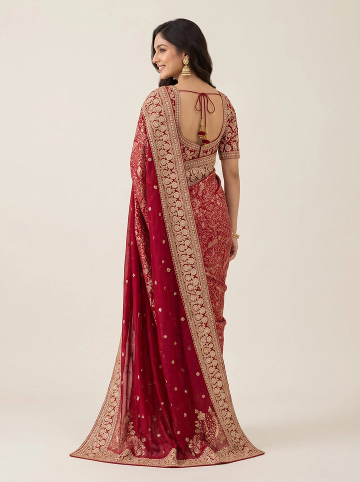Ruby Maroon Bridal Embroidered Saree - Back