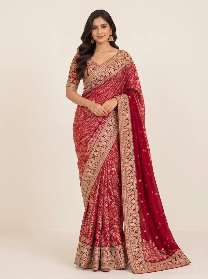 Ruby Maroon Bridal Embroidered Saree - Front
