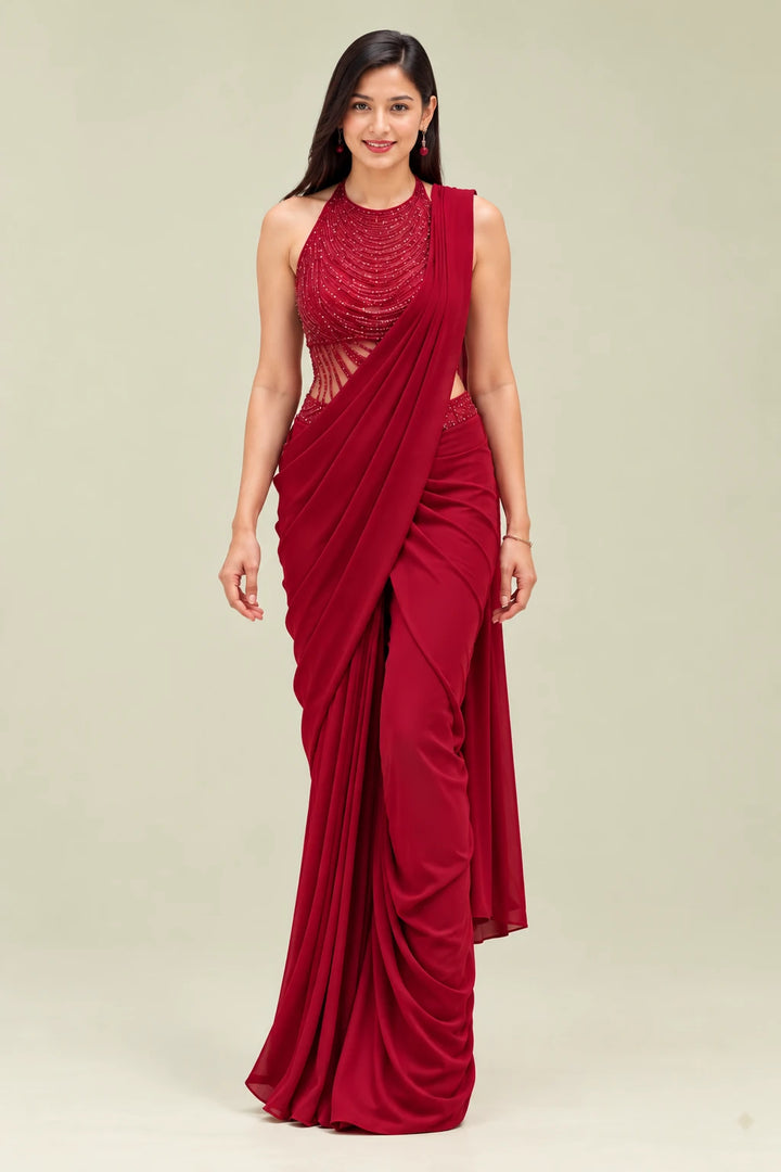 Ruby Maroon Draped Designer Saree Gown - Front