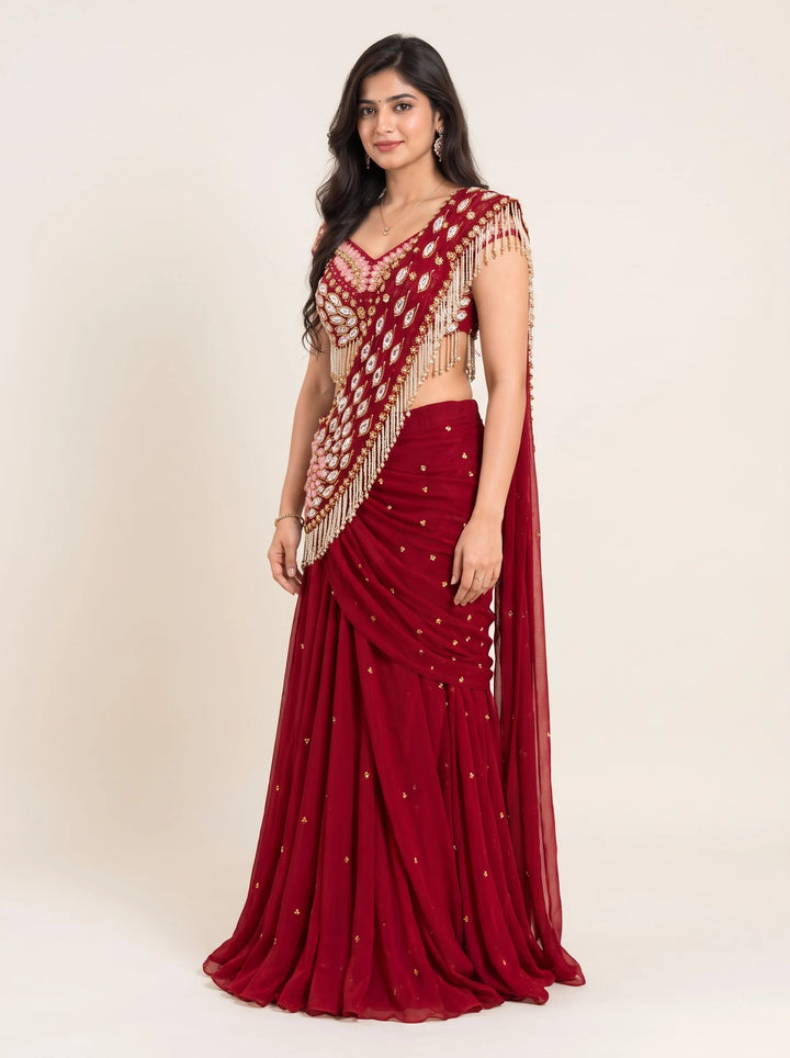 Ruby Maroon Pearl Fringe Embellished Designer Draped Saree Gown - View 3