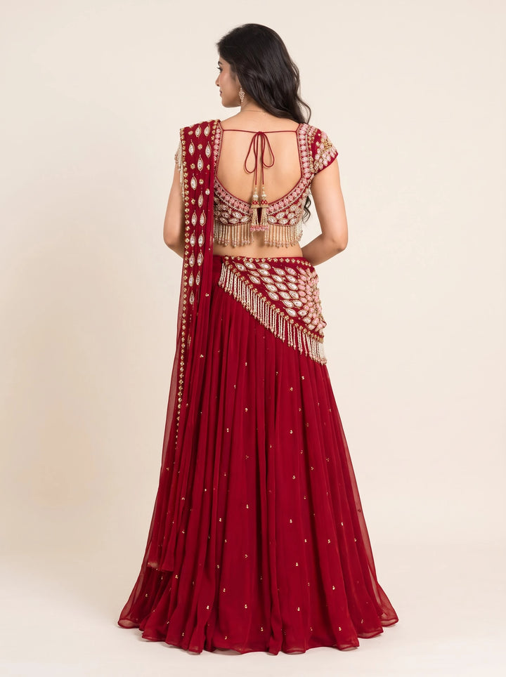 Ruby Maroon Pearl Fringe Embellished Designer Draped Saree Gown - Back