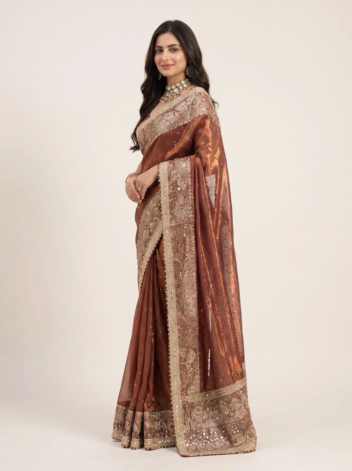 Rust Maroon Banarasi Tissue Embroidered Saree - View 4
