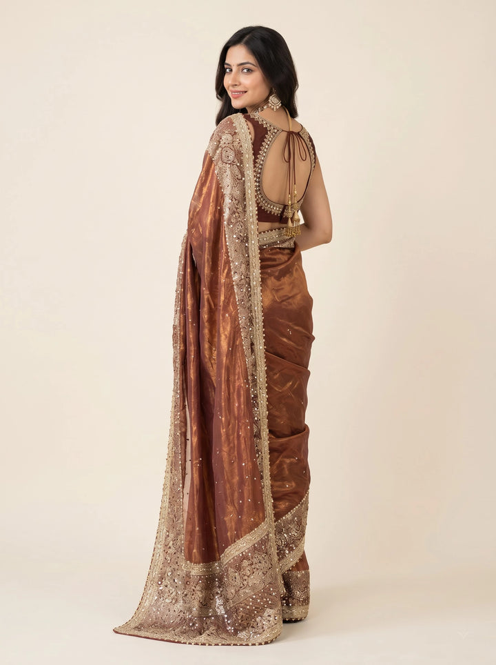 Rust Maroon Banarasi Tissue Embroidered Saree - Back