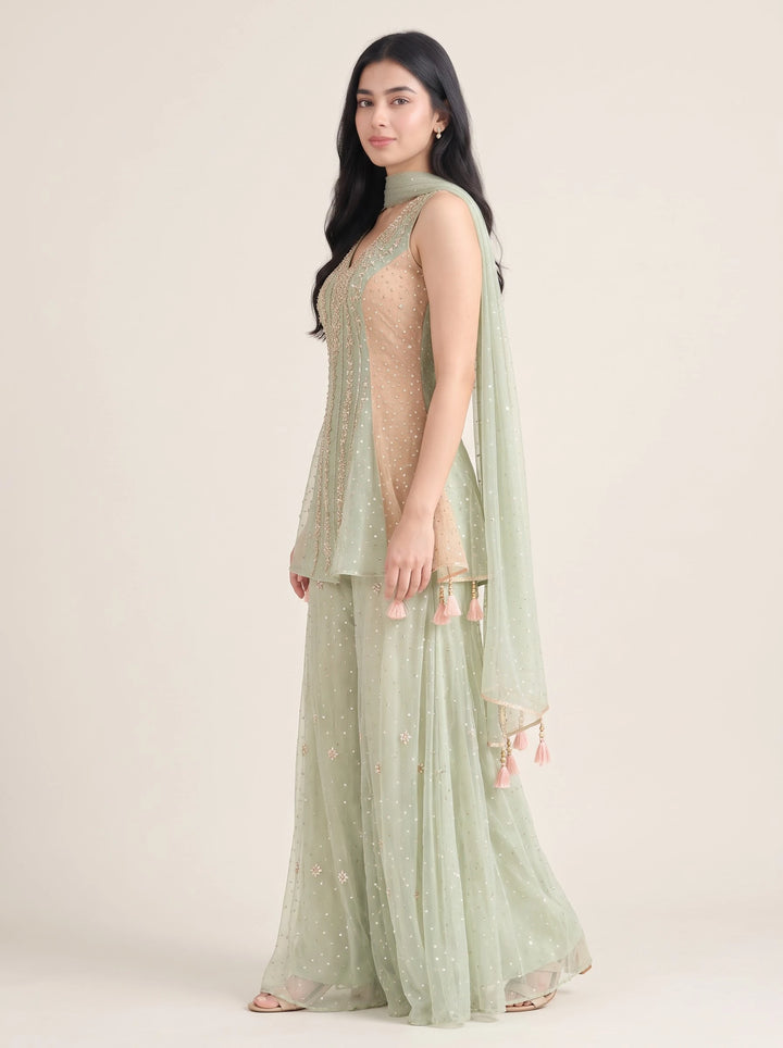 Sage Green Embroidered Peplum Palazzo Suit Set - View 3