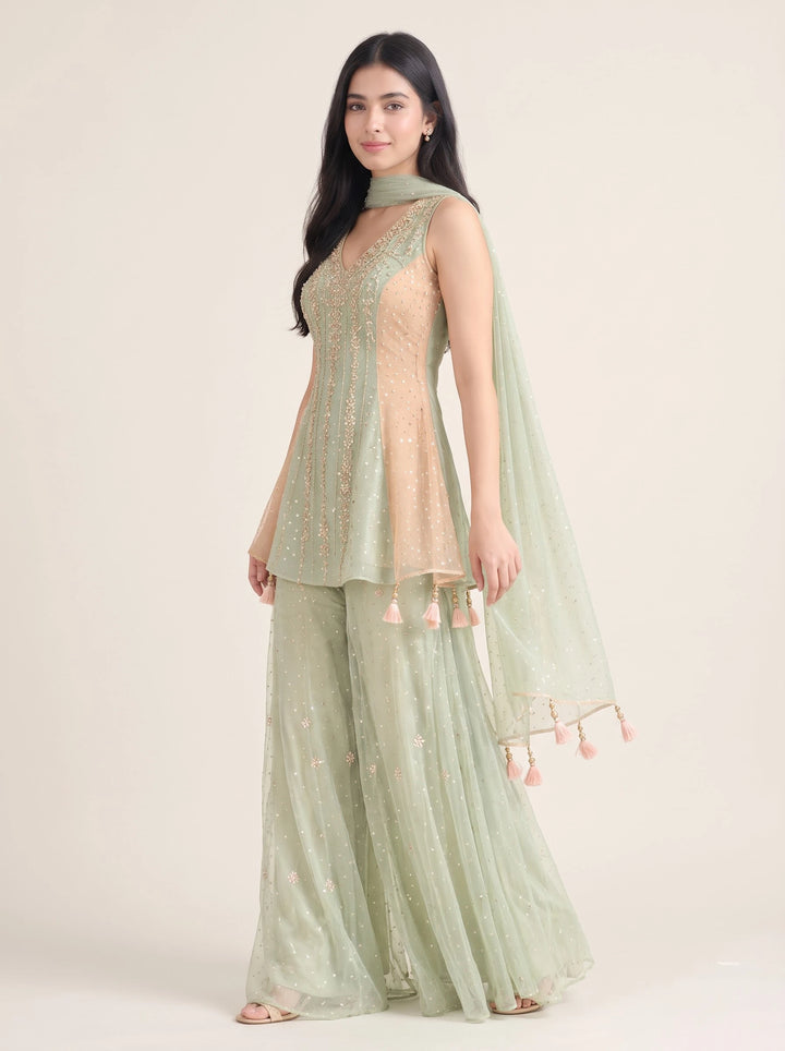 Sage Green Embroidered Peplum Palazzo Suit Set - View 4