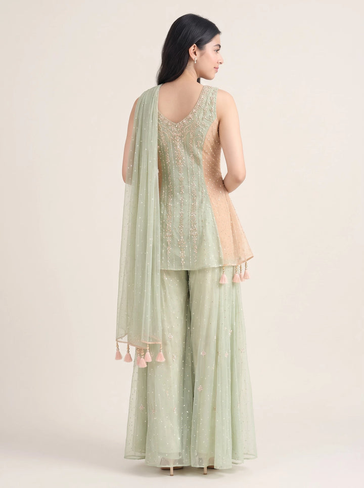 Sage Green Embroidered Peplum Palazzo Suit Set - Back