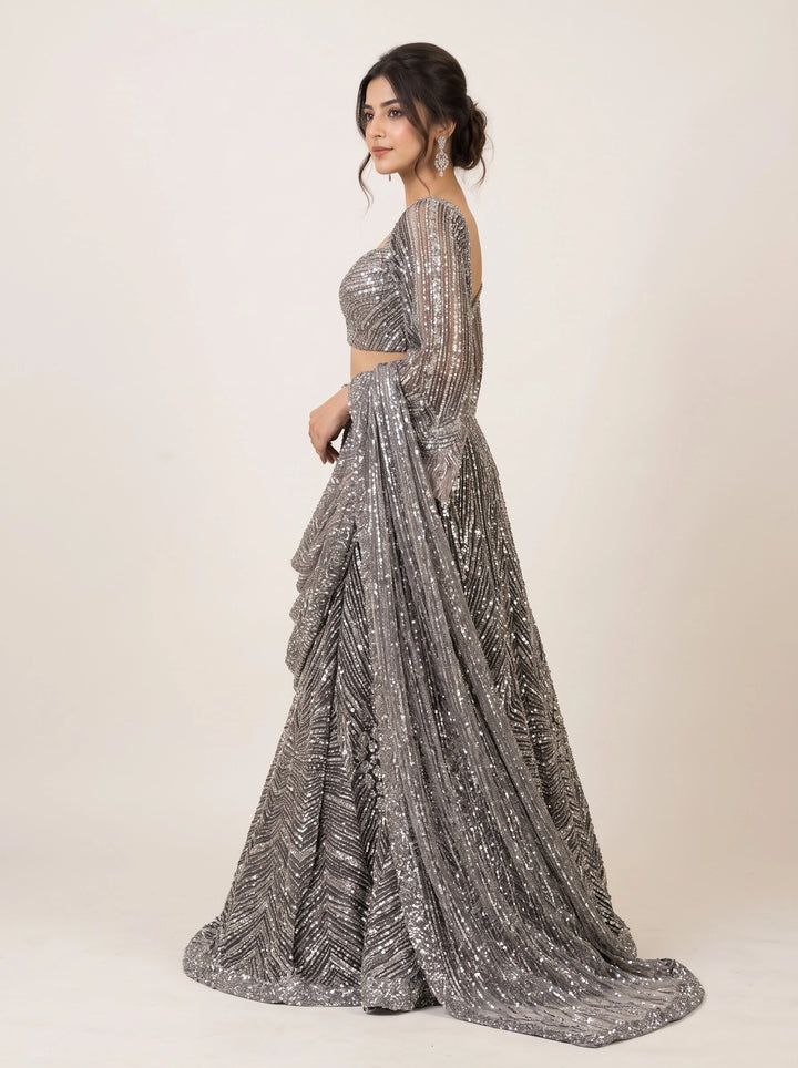 Silver Grey Sequin Embroidered Designer Lehenga Set - View 3