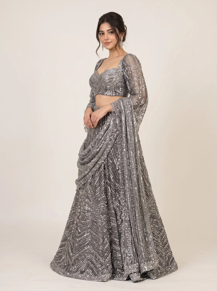 Silver Grey Sequin Embroidered Designer Lehenga Set - View 4