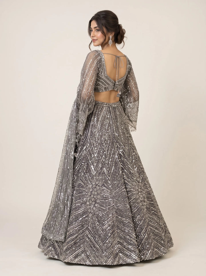 Silver Grey Sequin Embroidered Designer Lehenga Set - Back