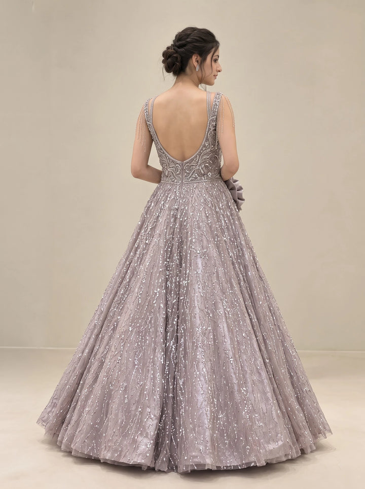 Silver Lilac Sequin Embellished Ball Gown - Back