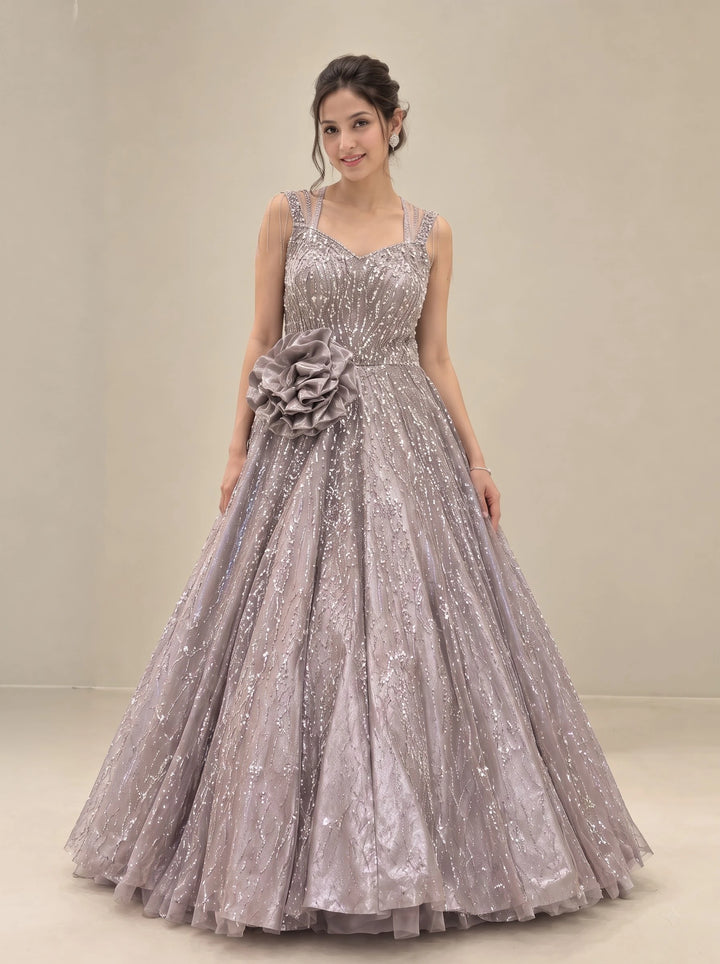 Silver Lilac Sequin Embellished Ball Gown - Front