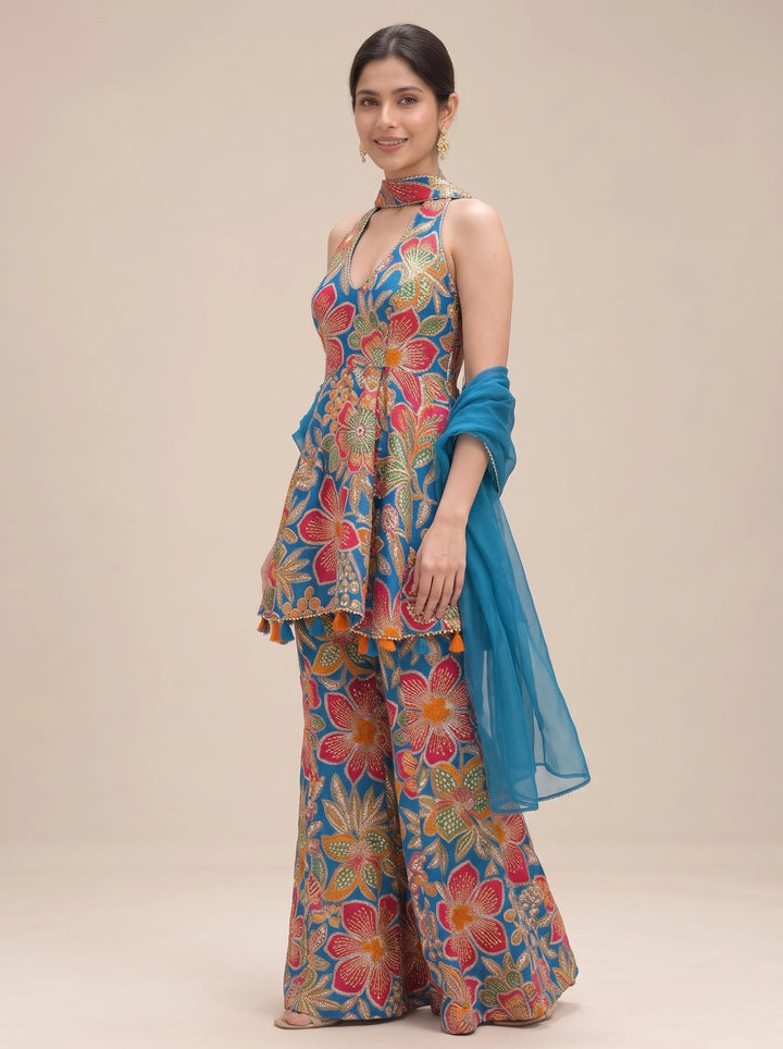 Teal Blue Multicolor Floral Embroidered Halter Neck Sharara Suit Set - View 3