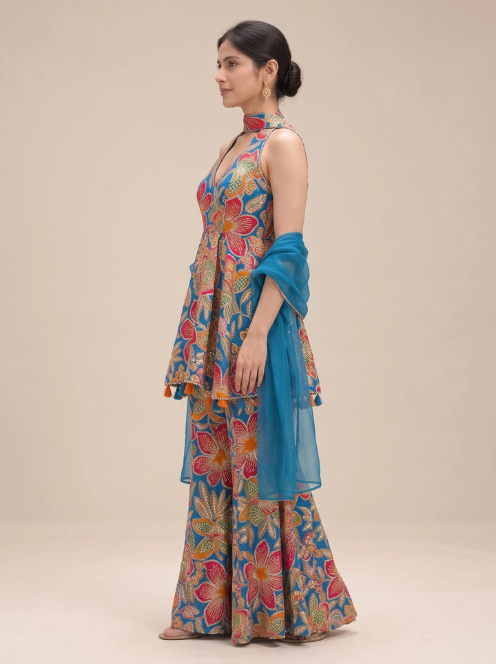 Teal Blue Multicolor Floral Embroidered Halter Neck Sharara Suit Set - View 4