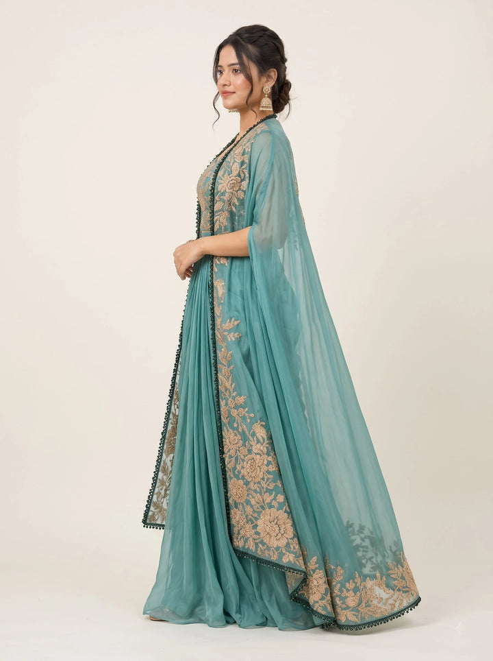 Teal Elegance Embroidered Cape Gown - View 3
