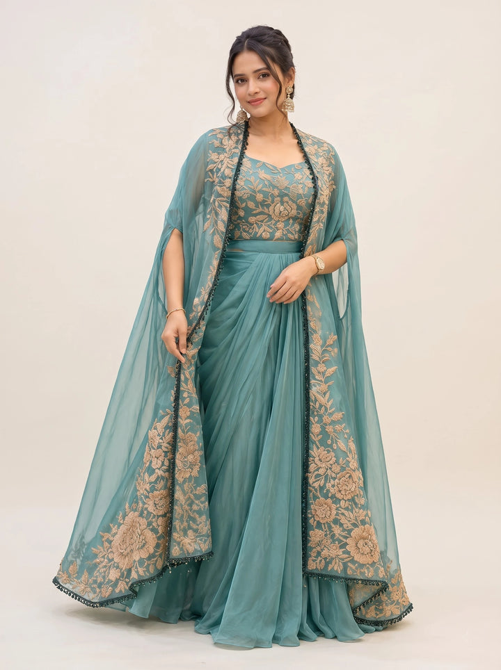 Teal Elegance Embroidered Cape Gown - View 4