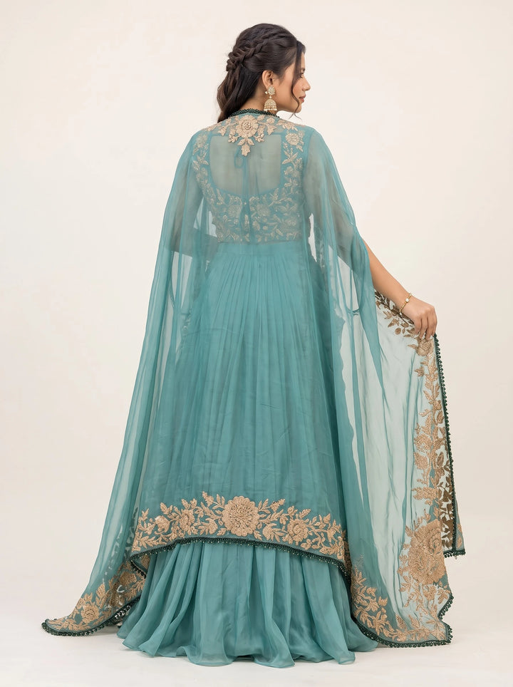 Teal Elegance Embroidered Cape Gown - Back