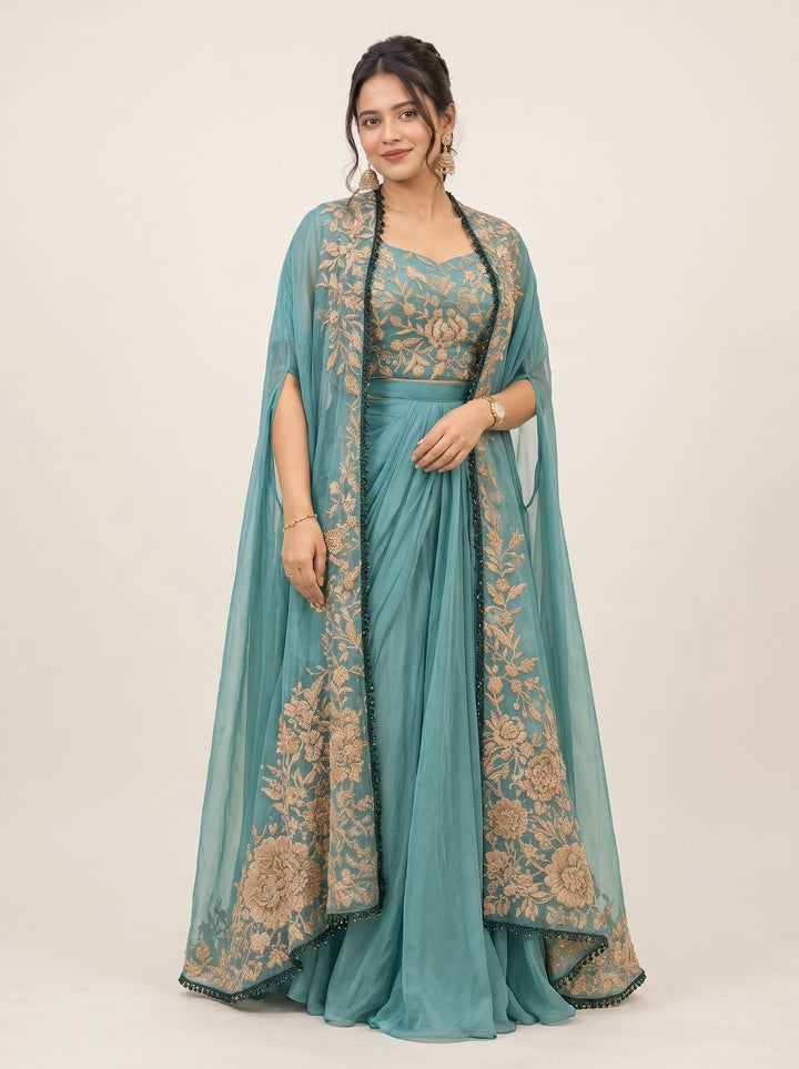 Teal Elegance Embroidered Cape Gown - Front