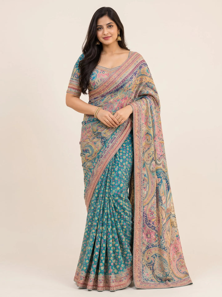 Teal Multicolour Paisley Embroidered Saree - View 3