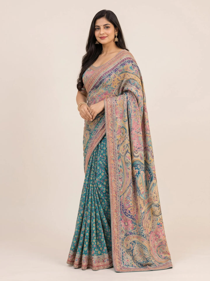 Teal Multicolour Paisley Embroidered Saree - View 4