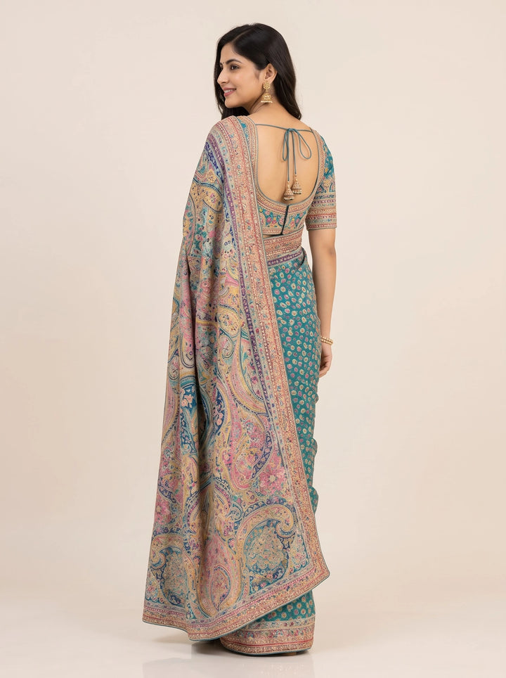 Teal Multicolour Paisley Embroidered Saree - Back