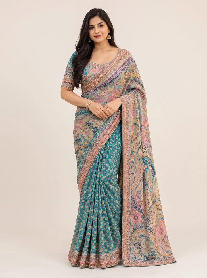 Teal Multicolour Paisley Embroidered Saree - Front