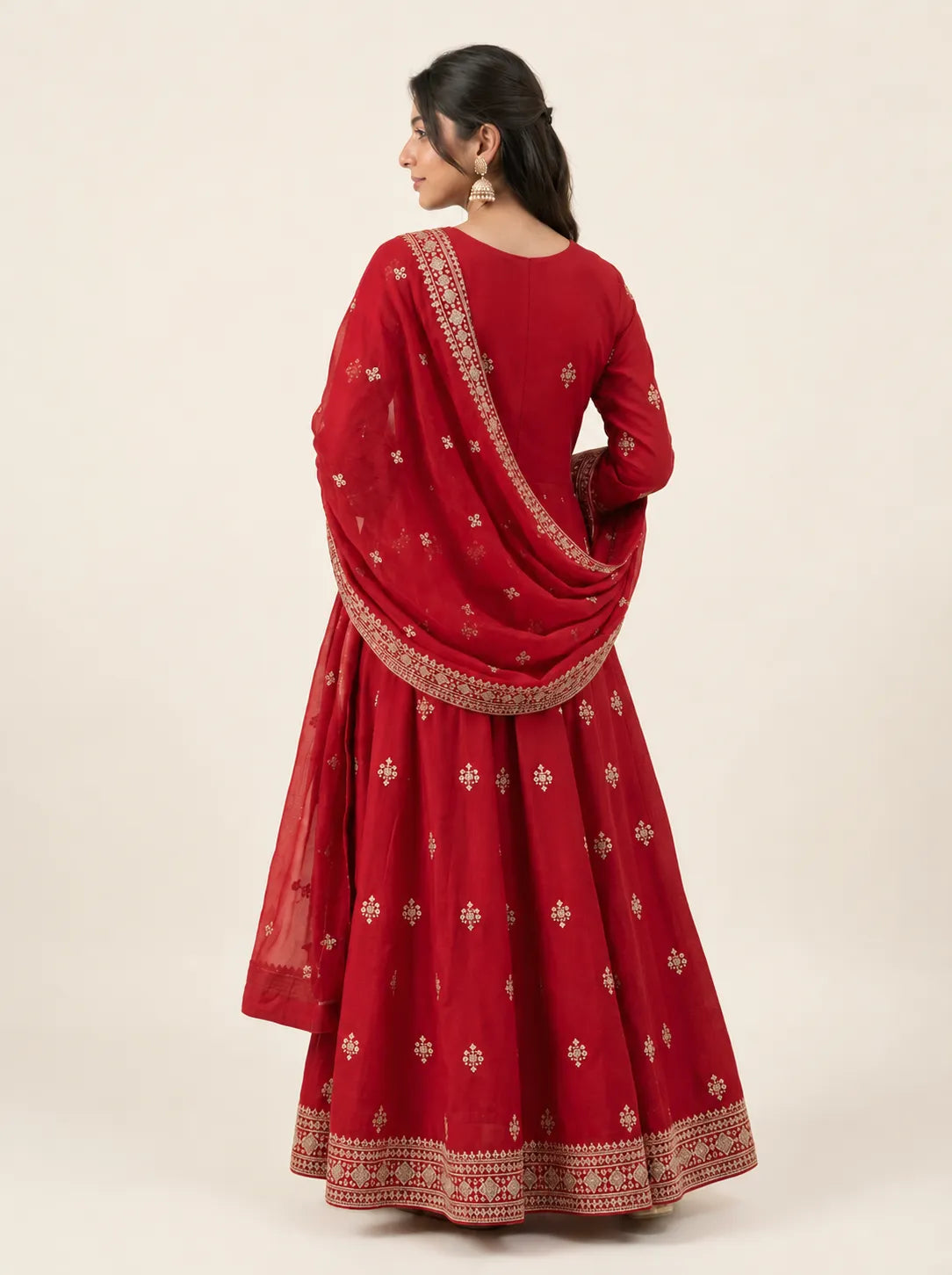 Royal Ruby Red & Gold Embroidered Straight-Cut Suit Set