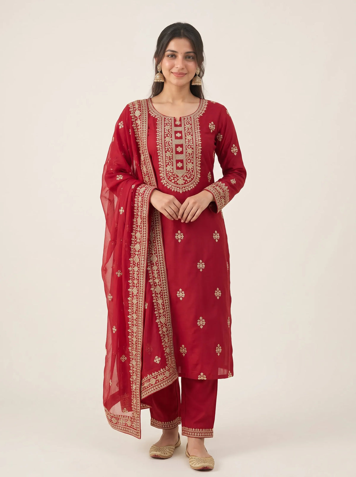 Royal Ruby Red & Gold Embroidered Straight-Cut Suit Set